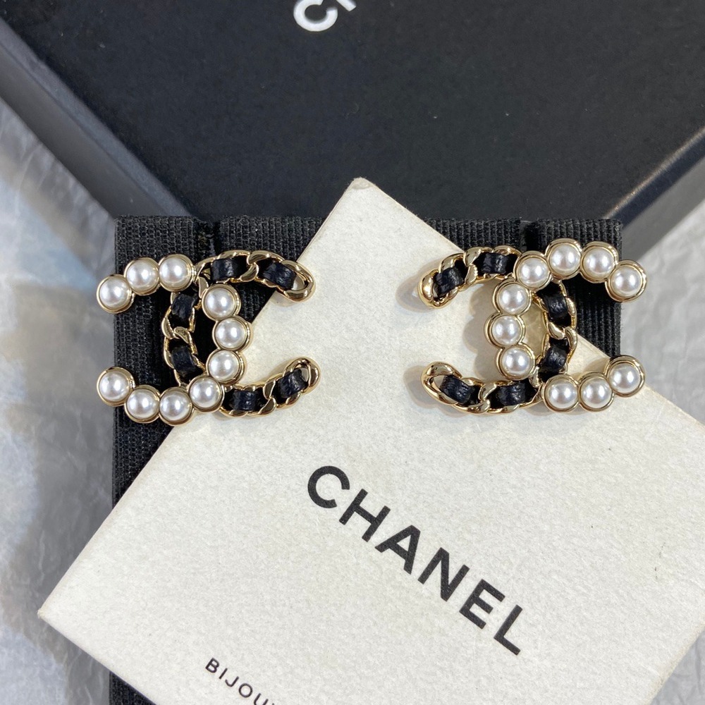 CHANEL Pearl & Leather Braided CC Stud Earrings